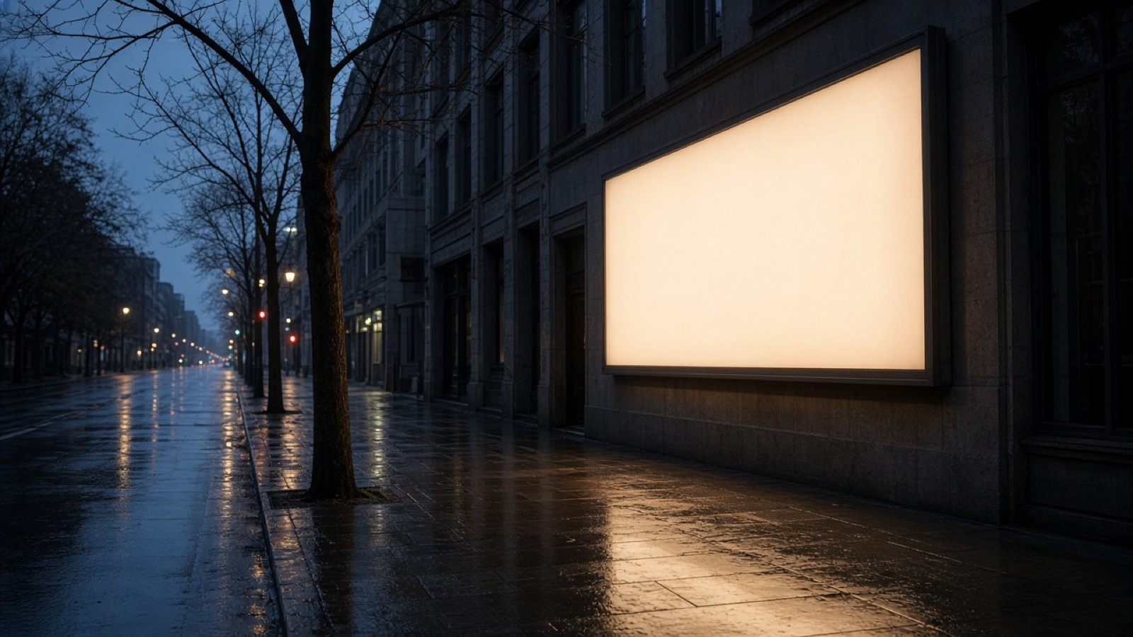 A blank illuminated billboard on a quiet city street at dusk.