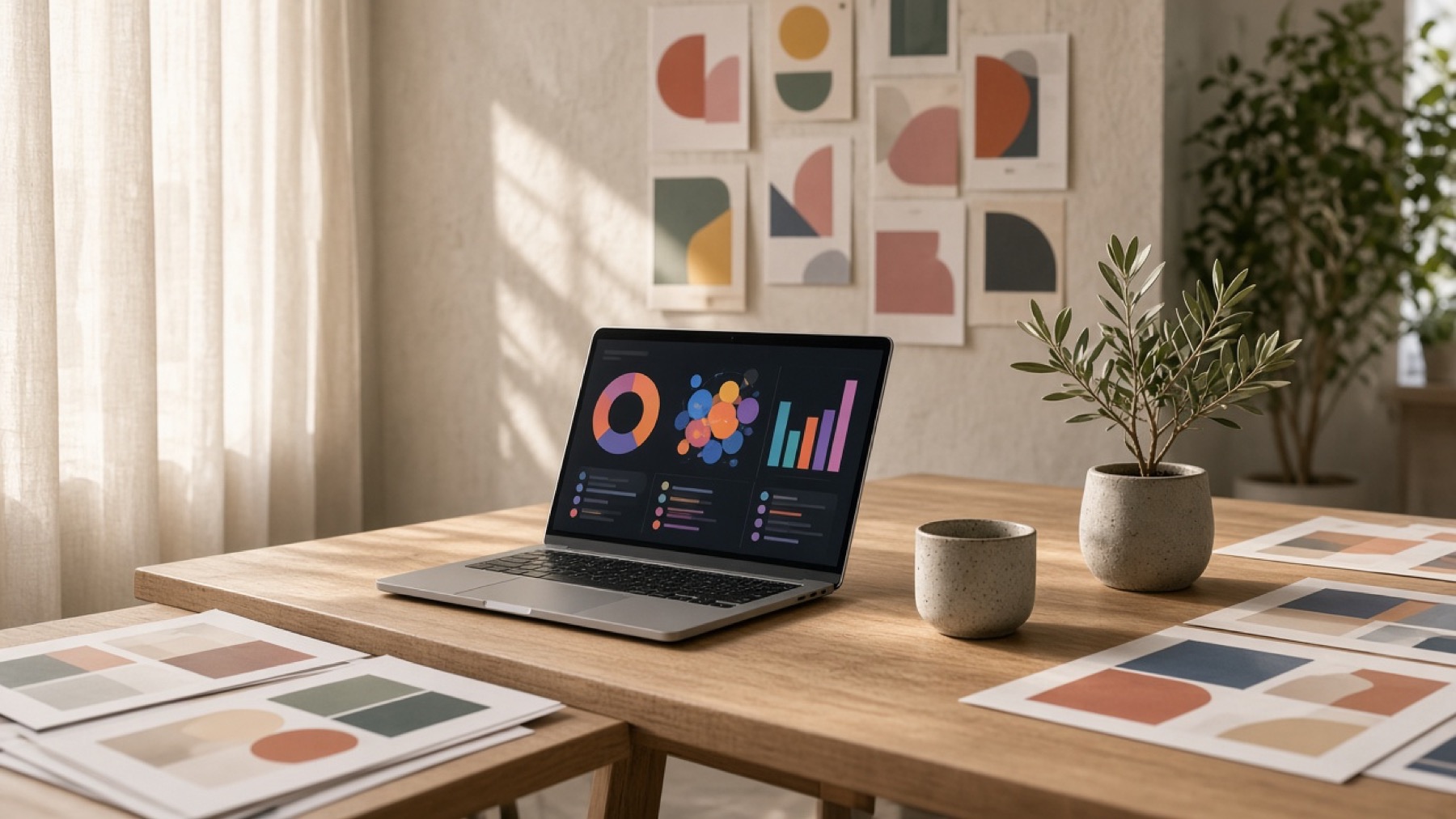 A sunlit studio desk with campaign boards and a laptop showing abstract performance charts.