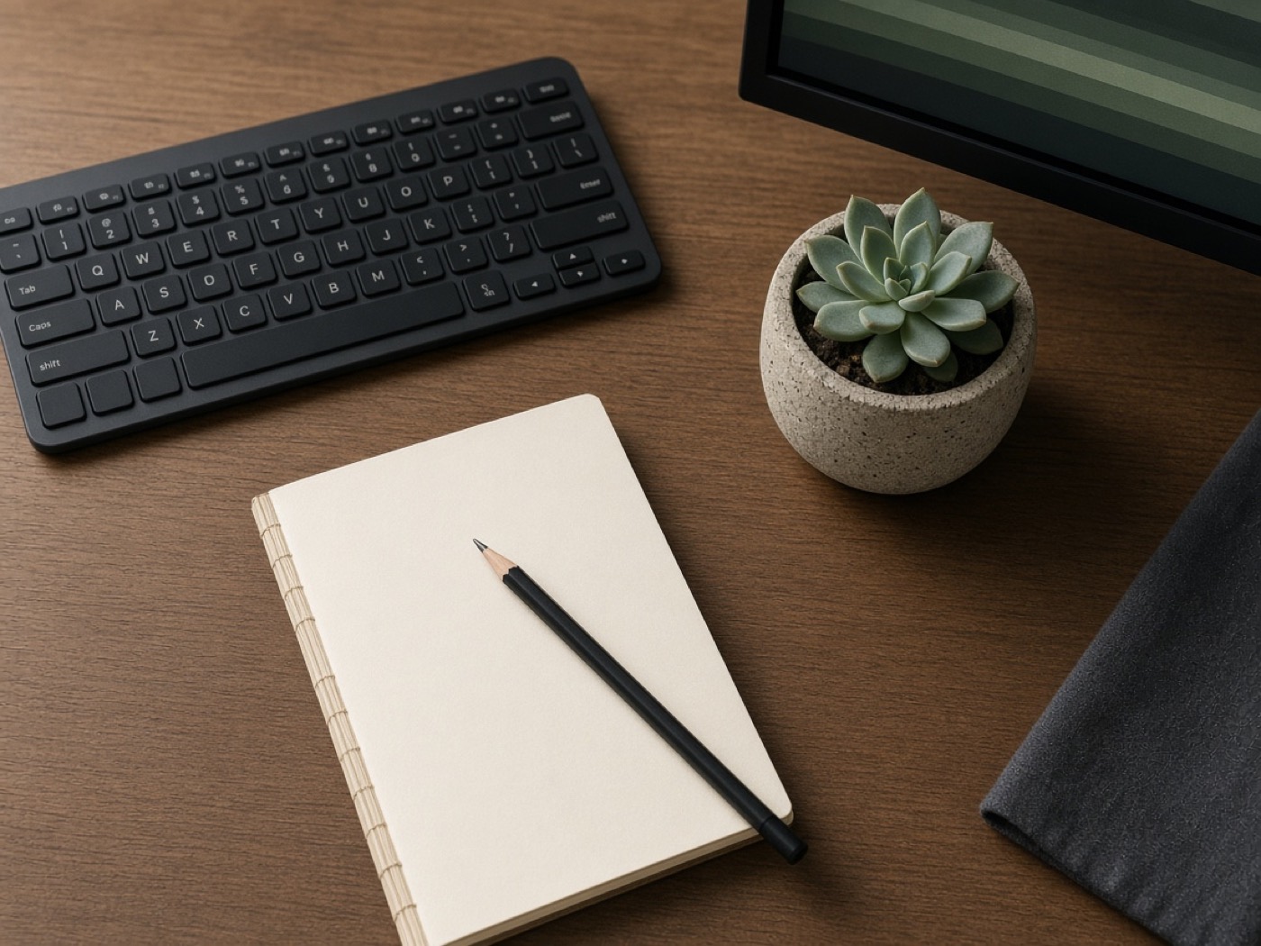 A desk with a keyboard, a blank notebook, and a monitor showing abstract search bars.